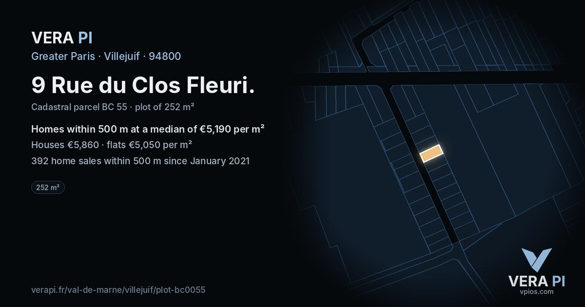 9 Rue du Clos Fleuri, Villejuif at night – the plot lit, the parcels around coloured by the prices near them