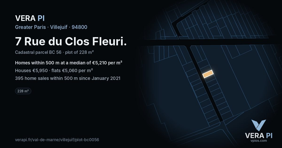 7 Rue du Clos Fleuri, Villejuif at night – the plot lit, the parcels around coloured by the prices near them