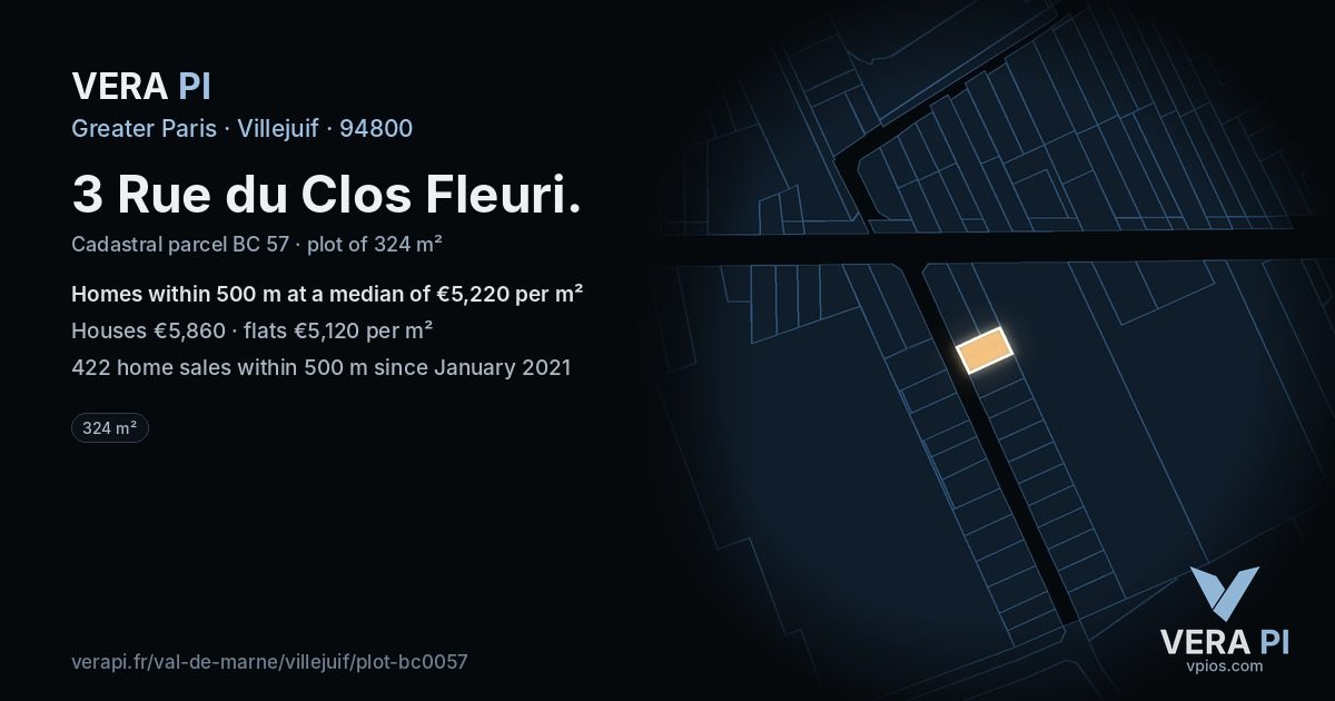 3 Rue du Clos Fleuri, Villejuif at night – the plot lit, the parcels around coloured by the prices near them