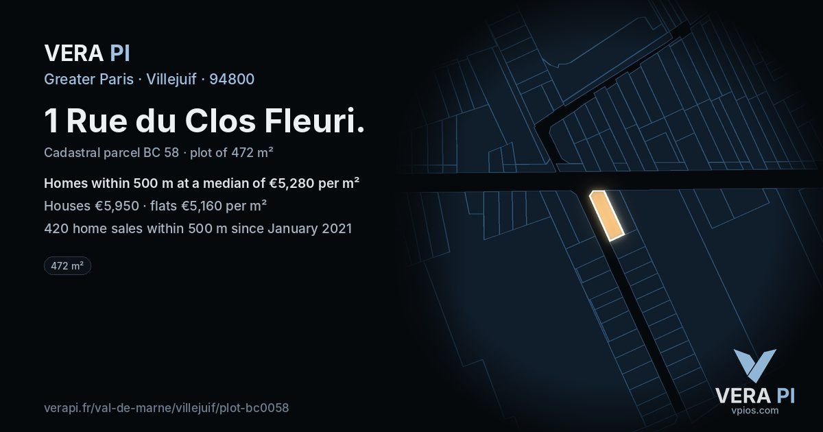 1 Rue du Clos Fleuri, Villejuif at night – the plot lit, the parcels around coloured by the prices near them