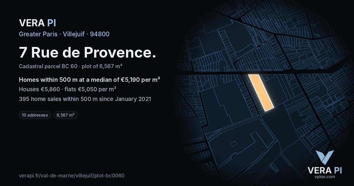 7 Rue de Provence, Villejuif at night – the plot lit, the parcels around coloured by the prices near them