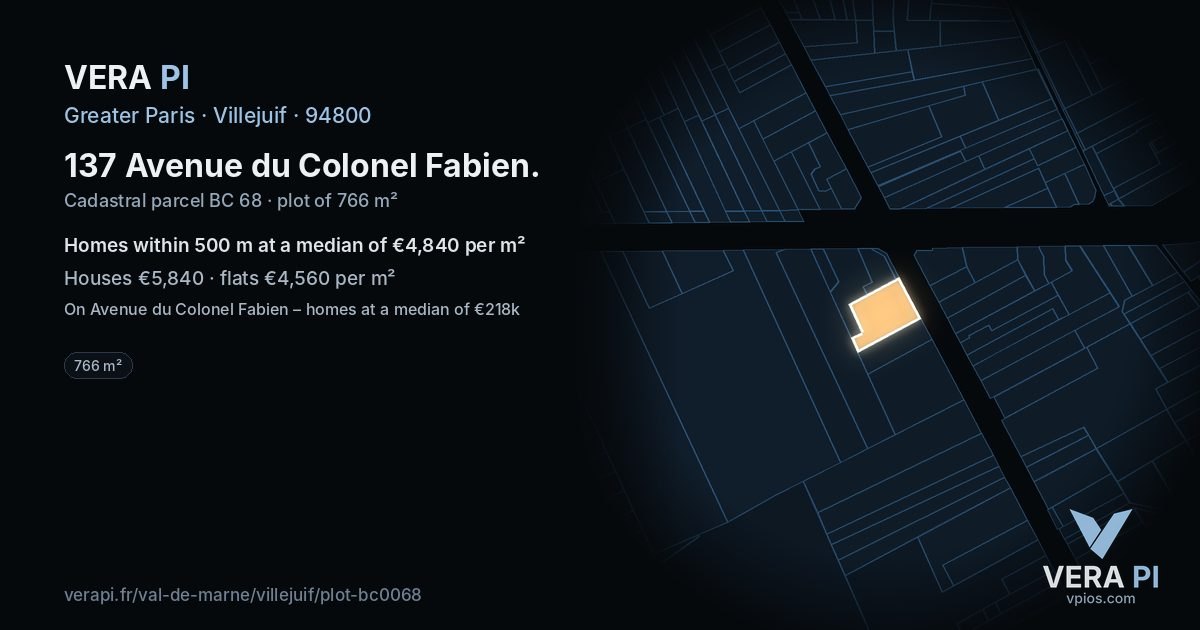 137 Avenue du Colonel Fabien, Villejuif at night – the plot lit, the parcels around coloured by the prices near them