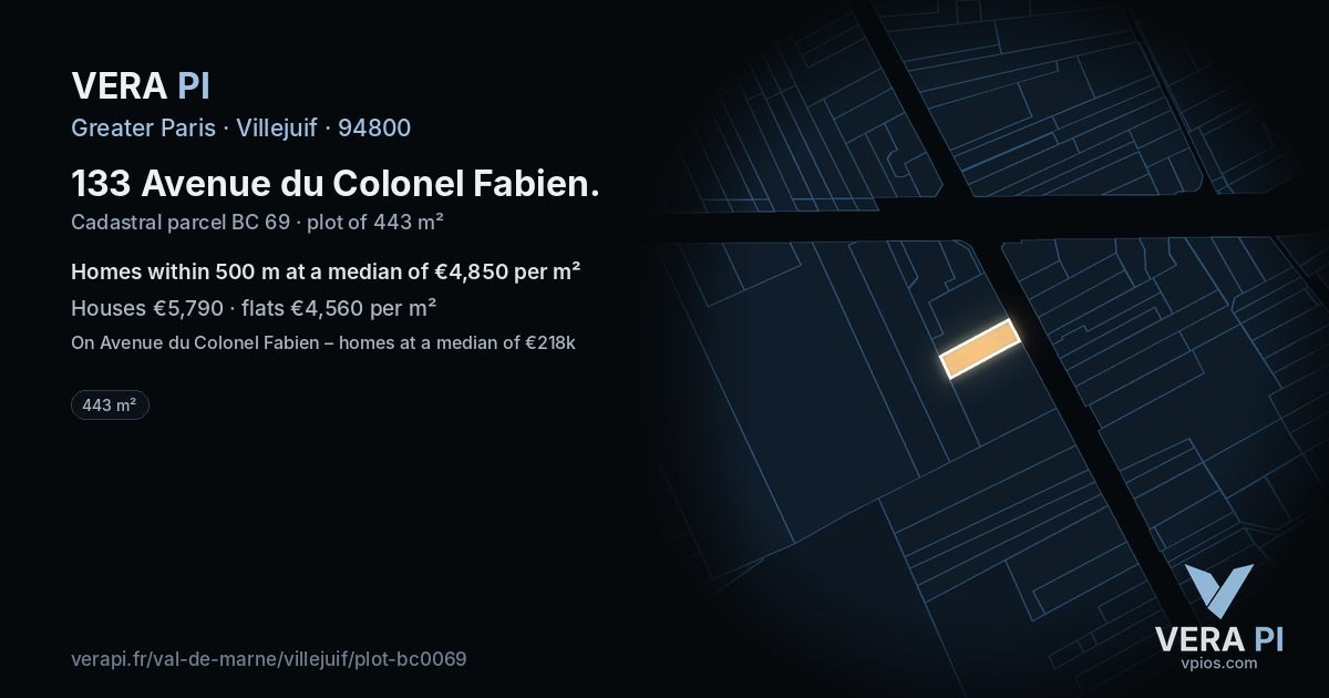133 Avenue du Colonel Fabien, Villejuif at night – the plot lit, the parcels around coloured by the prices near them