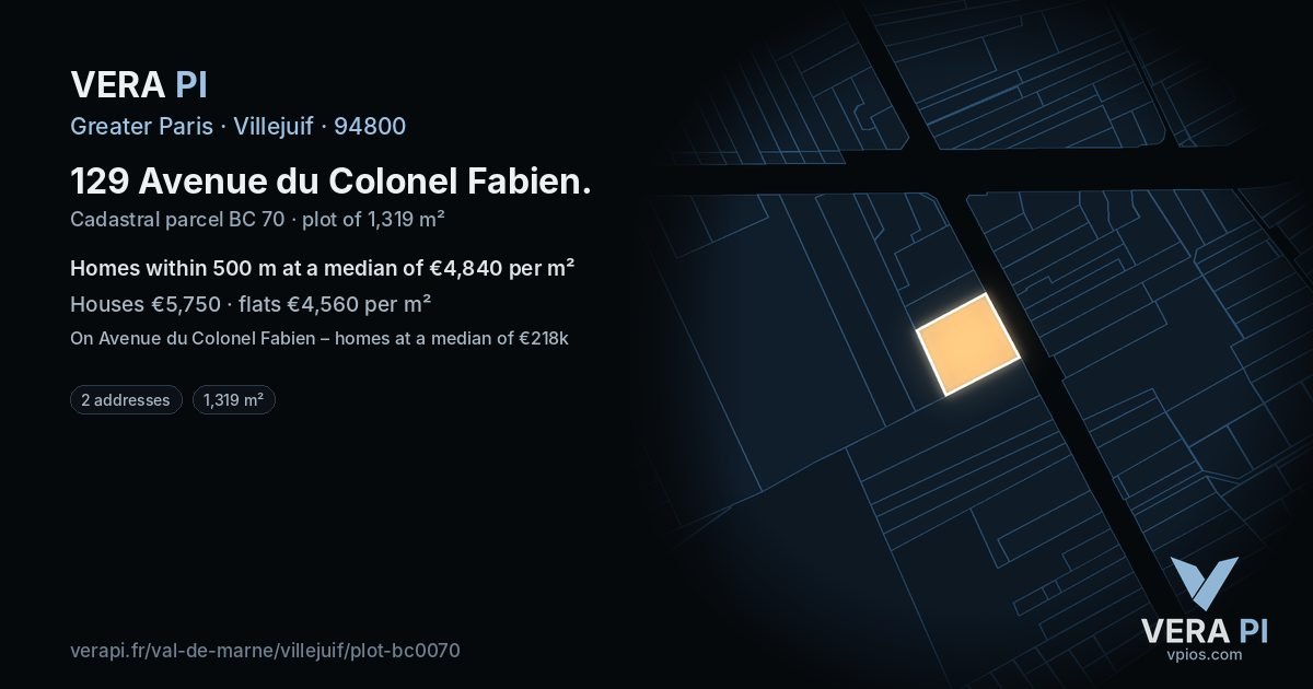 129 Avenue du Colonel Fabien, Villejuif at night – the plot lit, the parcels around coloured by the prices near them