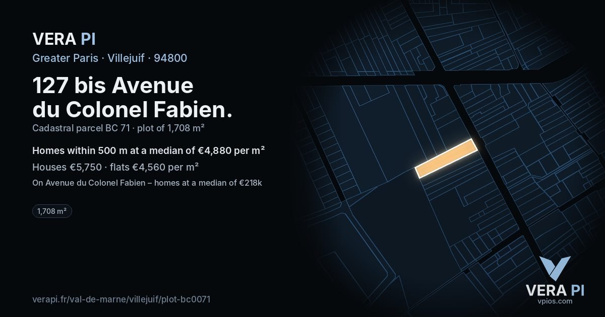 127 bis Avenue du Colonel Fabien, Villejuif at night – the plot lit, the parcels around coloured by the prices near them