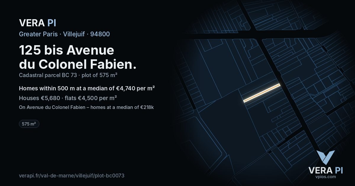 125 bis Avenue du Colonel Fabien, Villejuif at night – the plot lit, the parcels around coloured by the prices near them