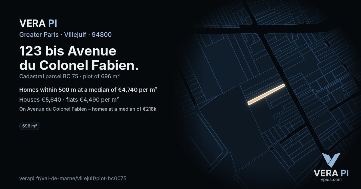 123 bis Avenue du Colonel Fabien, Villejuif at night – the plot lit, the parcels around coloured by the prices near them