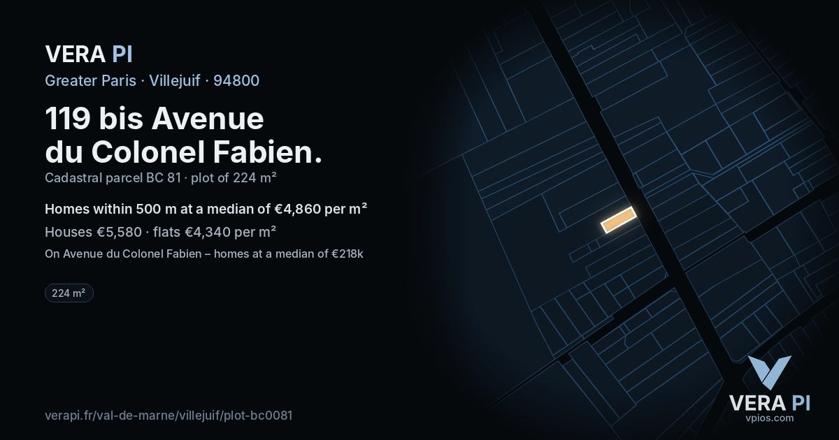119 bis Avenue du Colonel Fabien, Villejuif at night – the plot lit, the parcels around coloured by the prices near them