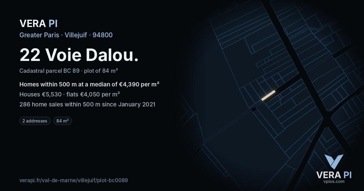 22 Voie Dalou, Villejuif at night – the plot lit, the parcels around coloured by the prices near them
