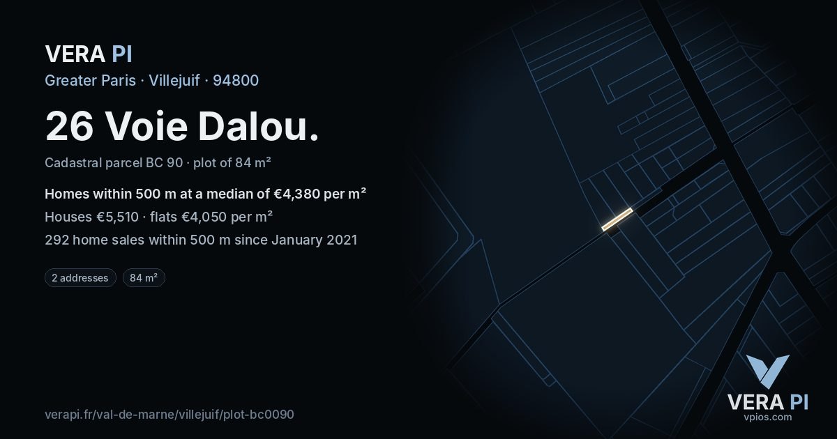 26 Voie Dalou, Villejuif at night – the plot lit, the parcels around coloured by the prices near them