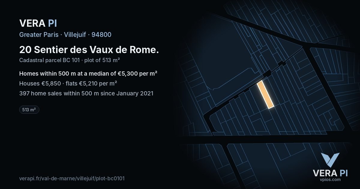 20 Sentier des Vaux de Rome, Villejuif at night – the plot lit, the parcels around coloured by the prices near them