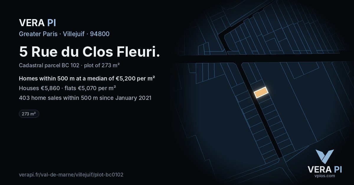 5 Rue du Clos Fleuri, Villejuif at night – the plot lit, the parcels around coloured by the prices near them