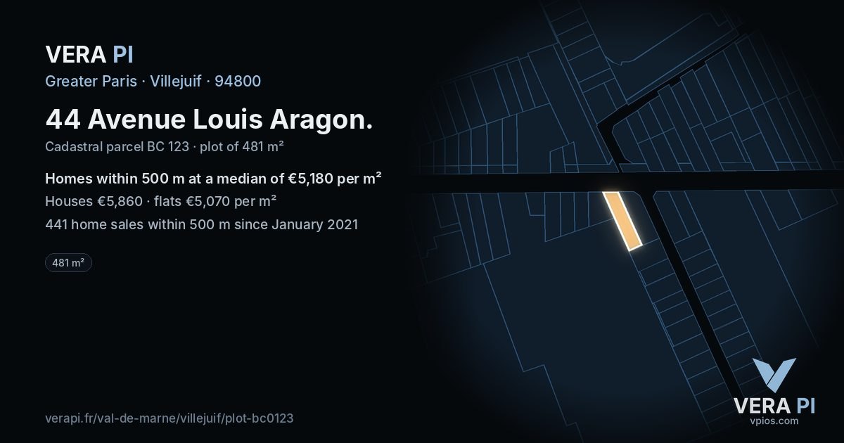 44 Avenue Louis Aragon, Villejuif at night – the plot lit, the parcels around coloured by the prices near them