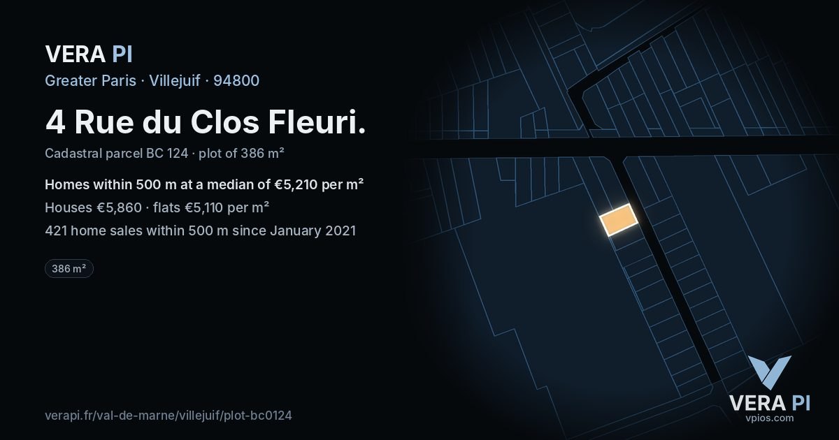 4 Rue du Clos Fleuri, Villejuif at night – the plot lit, the parcels around coloured by the prices near them