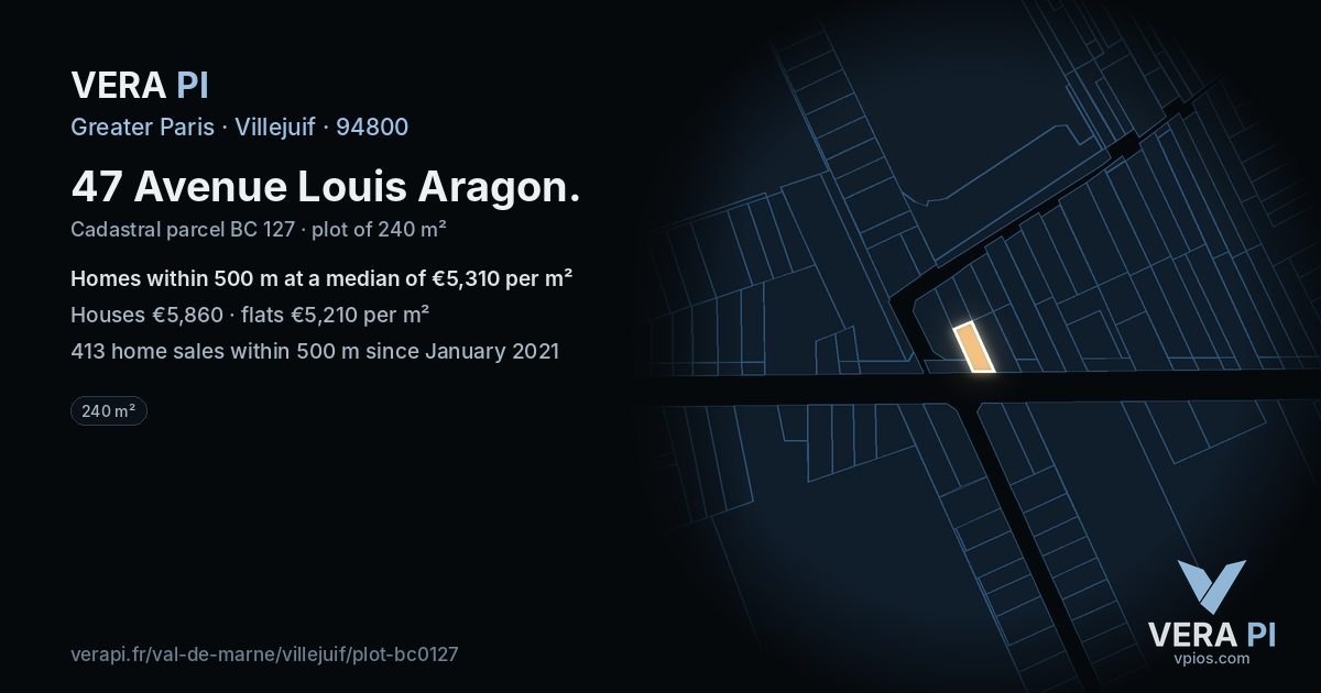 47 Avenue Louis Aragon, Villejuif at night – the plot lit, the parcels around coloured by the prices near them