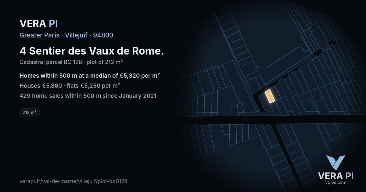 4 Sentier des Vaux de Rome, Villejuif at night – the plot lit, the parcels around coloured by the prices near them