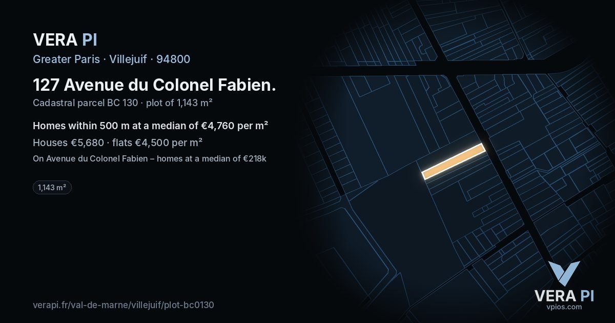 127 Avenue du Colonel Fabien, Villejuif at night – the plot lit, the parcels around coloured by the prices near them
