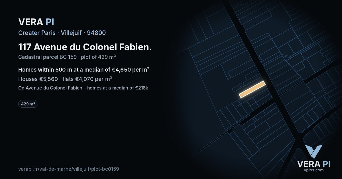 117 Avenue du Colonel Fabien, Villejuif at night – the plot lit, the parcels around coloured by the prices near them