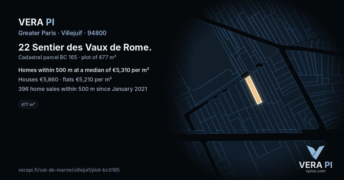 22 Sentier des Vaux de Rome, Villejuif at night – the plot lit, the parcels around coloured by the prices near them