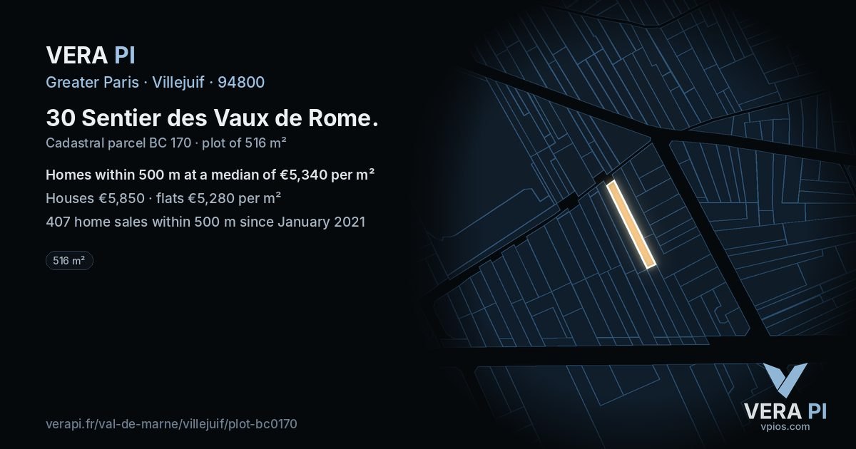 30 Sentier des Vaux de Rome, Villejuif at night – the plot lit, the parcels around coloured by the prices near them