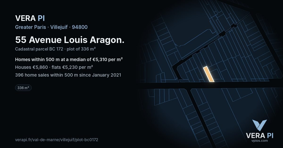 55 Avenue Louis Aragon, Villejuif at night – the plot lit, the parcels around coloured by the prices near them