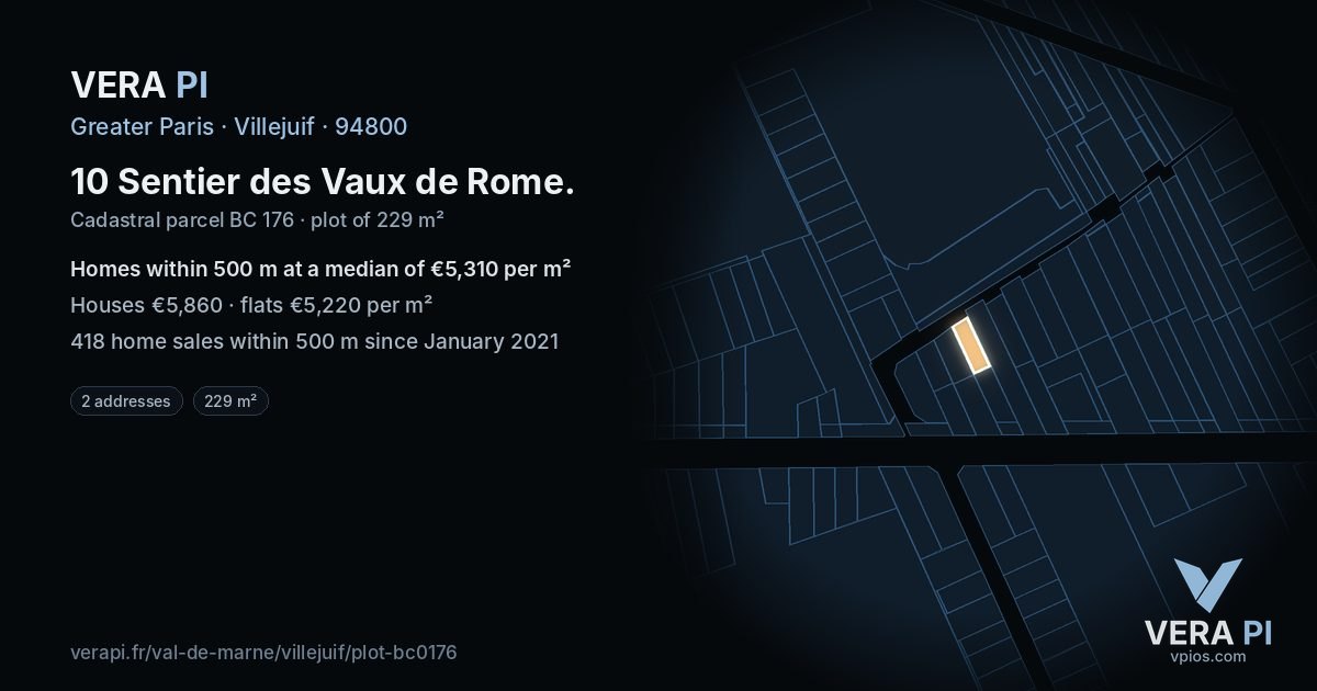 10 Sentier des Vaux de Rome, Villejuif at night – the plot lit, the parcels around coloured by the prices near them