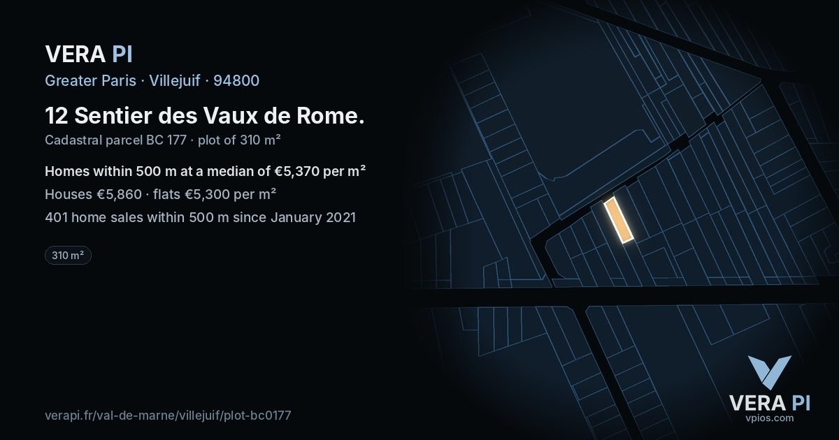 12 Sentier des Vaux de Rome, Villejuif at night – the plot lit, the parcels around coloured by the prices near them