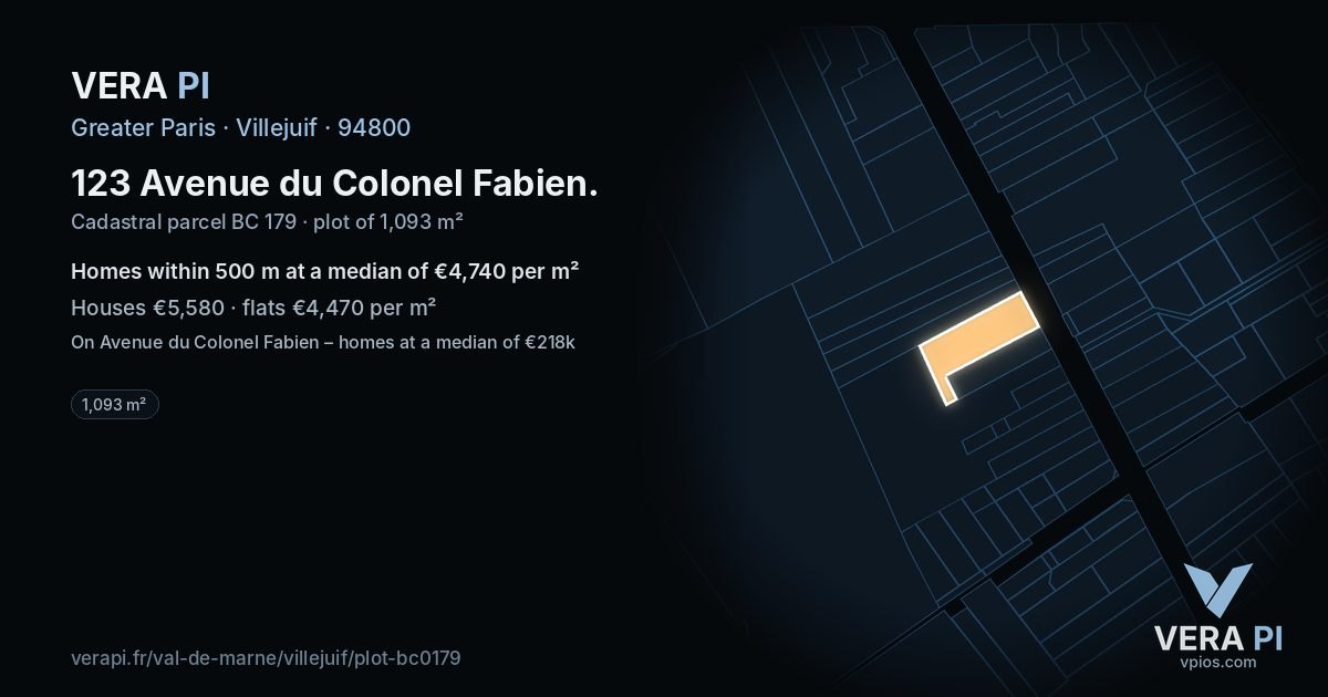 123 Avenue du Colonel Fabien, Villejuif at night – the plot lit, the parcels around coloured by the prices near them