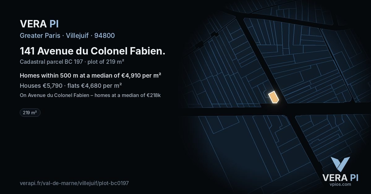 141 Avenue du Colonel Fabien, Villejuif at night – the plot lit, the parcels around coloured by the prices near them