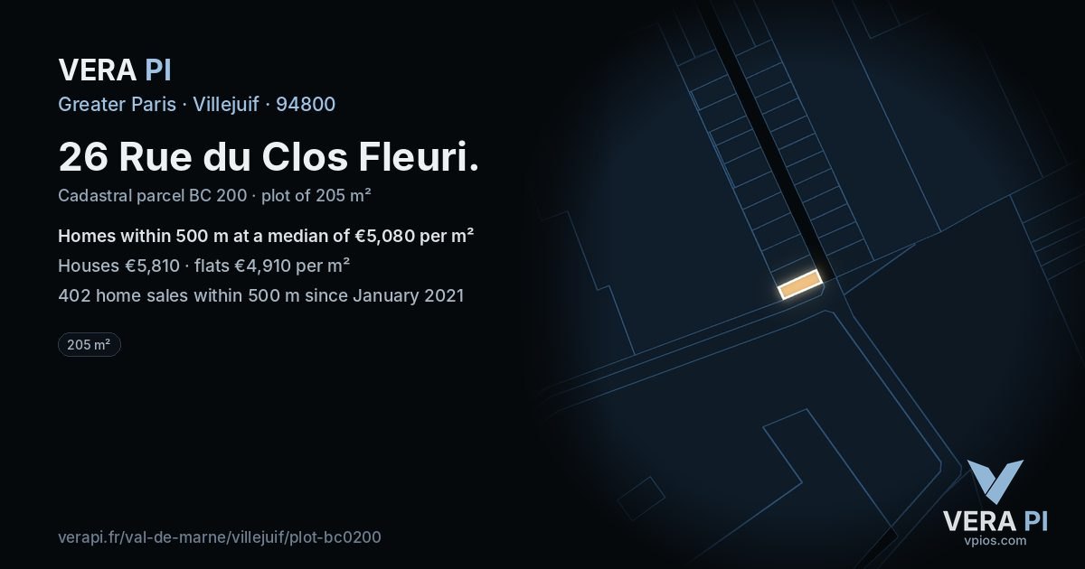 26 Rue du Clos Fleuri, Villejuif at night – the plot lit, the parcels around coloured by the prices near them
