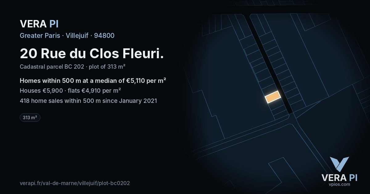 20 Rue du Clos Fleuri, Villejuif at night – the plot lit, the parcels around coloured by the prices near them