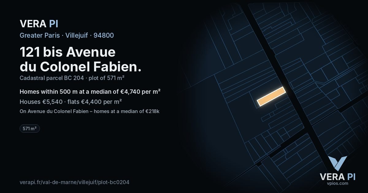 121 bis Avenue du Colonel Fabien, Villejuif at night – the plot lit, the parcels around coloured by the prices near them