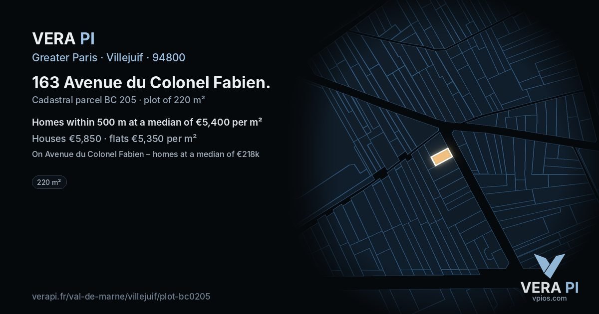 163 Avenue du Colonel Fabien, Villejuif at night – the plot lit, the parcels around coloured by the prices near them