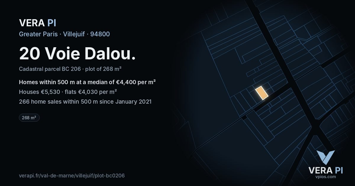 20 Voie Dalou, Villejuif at night – the plot lit, the parcels around coloured by the prices near them