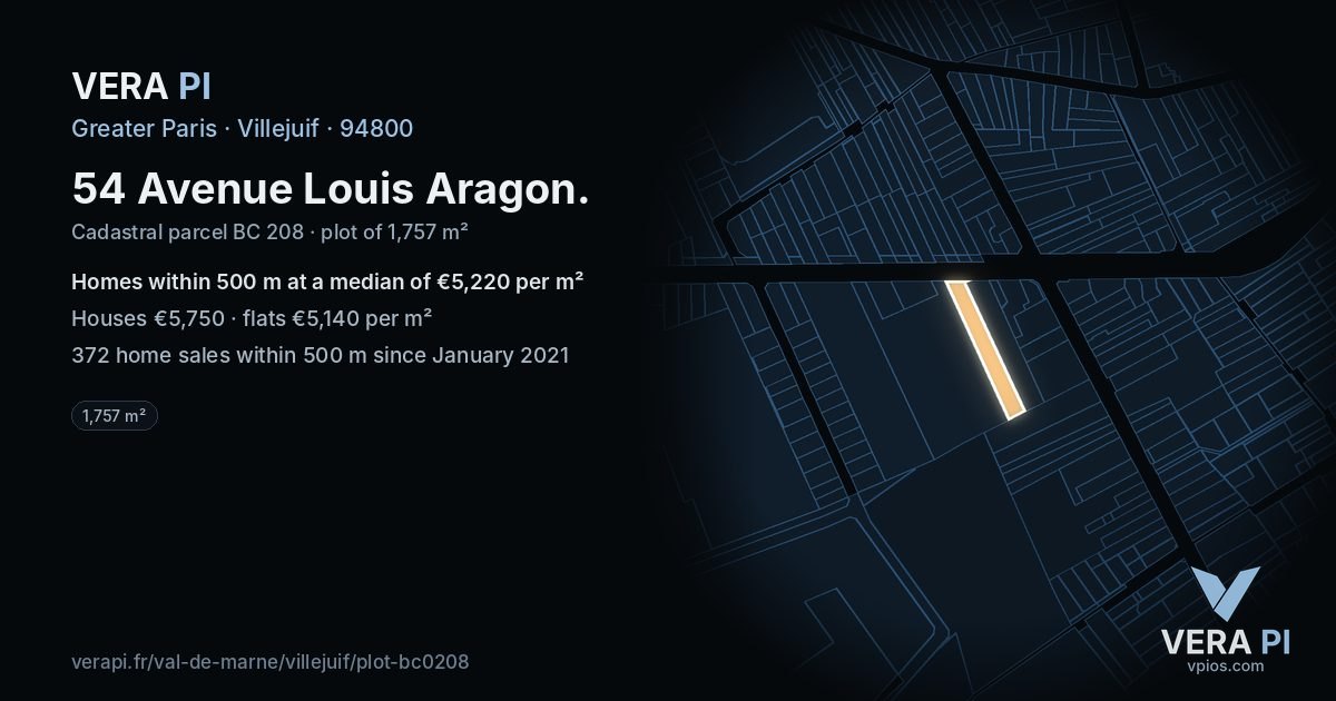 54 Avenue Louis Aragon, Villejuif at night – the plot lit, the parcels around coloured by the prices near them