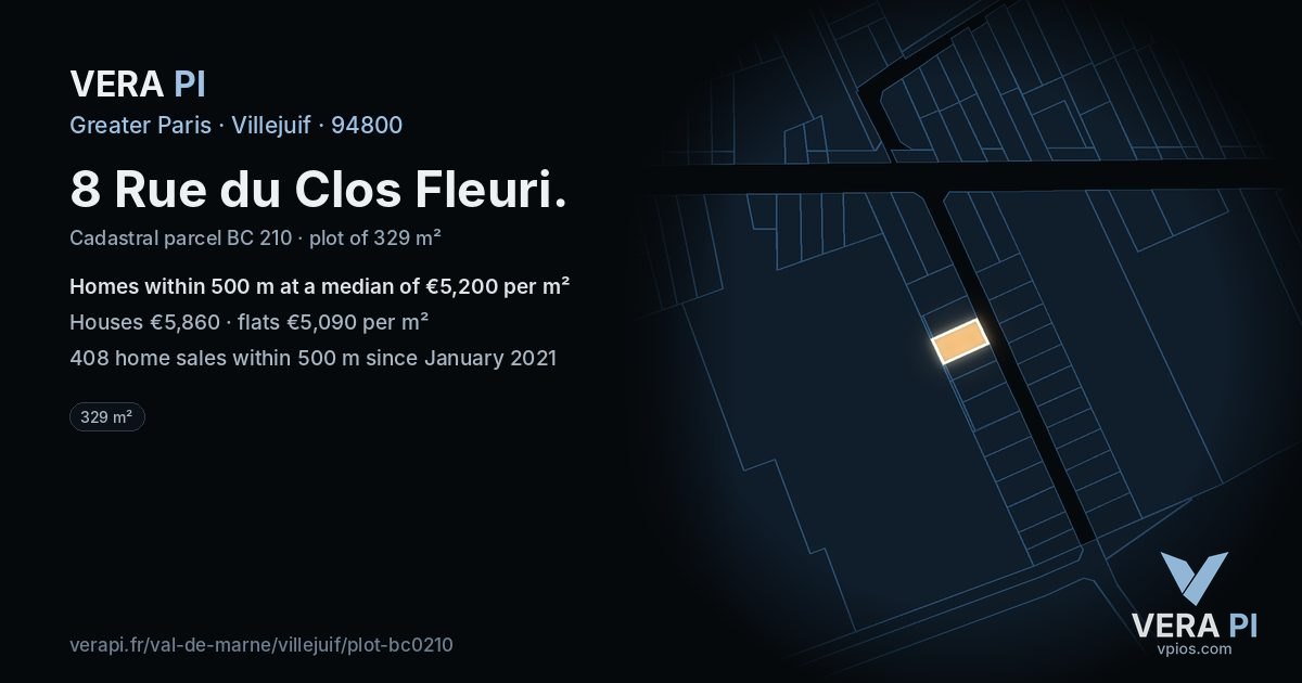 8 Rue du Clos Fleuri, Villejuif at night – the plot lit, the parcels around coloured by the prices near them