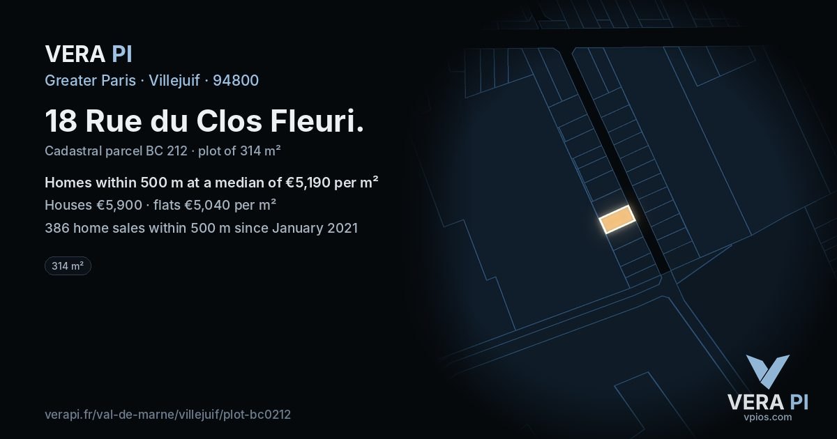 18 Rue du Clos Fleuri, Villejuif at night – the plot lit, the parcels around coloured by the prices near them