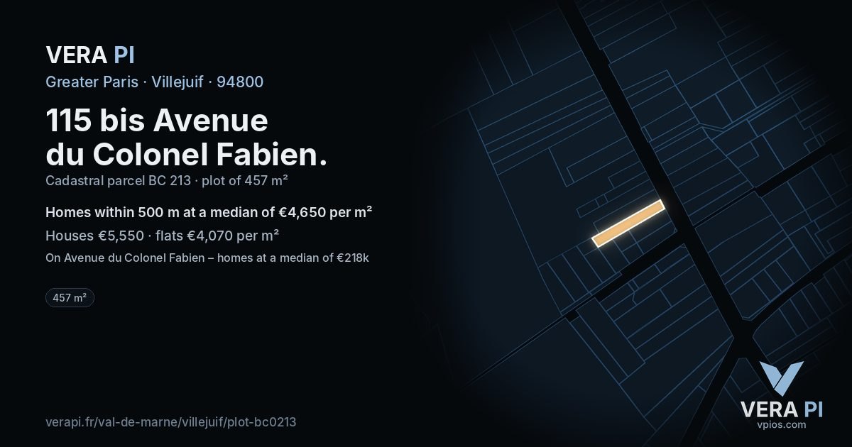 115 bis Avenue du Colonel Fabien, Villejuif at night – the plot lit, the parcels around coloured by the prices near them