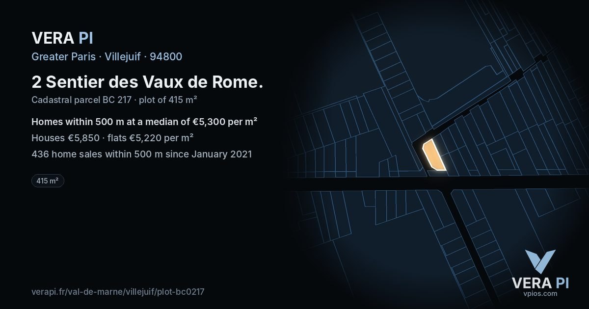 2 Sentier des Vaux de Rome, Villejuif at night – the plot lit, the parcels around coloured by the prices near them