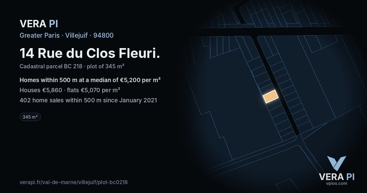 14 Rue du Clos Fleuri, Villejuif at night – the plot lit, the parcels around coloured by the prices near them