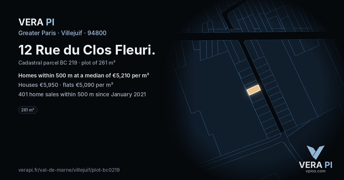 12 Rue du Clos Fleuri, Villejuif at night – the plot lit, the parcels around coloured by the prices near them