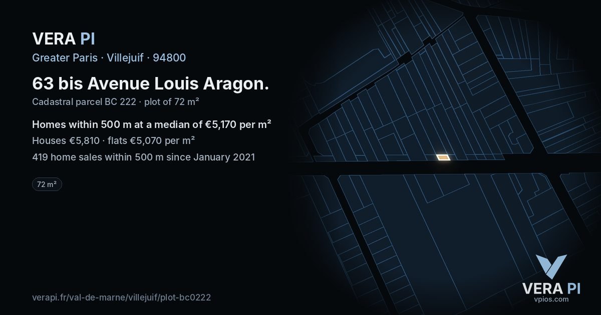 63 bis Avenue Louis Aragon, Villejuif at night – the plot lit, the parcels around coloured by the prices near them