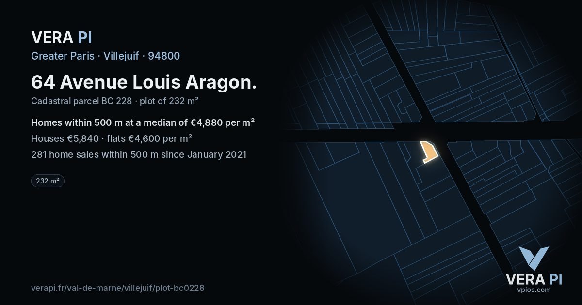64 Avenue Louis Aragon, Villejuif at night – the plot lit, the parcels around coloured by the prices near them
