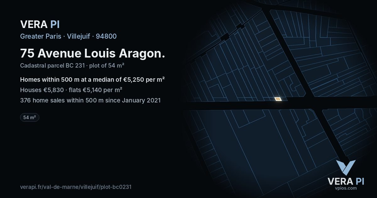 75 Avenue Louis Aragon, Villejuif at night – the plot lit, the parcels around coloured by the prices near them