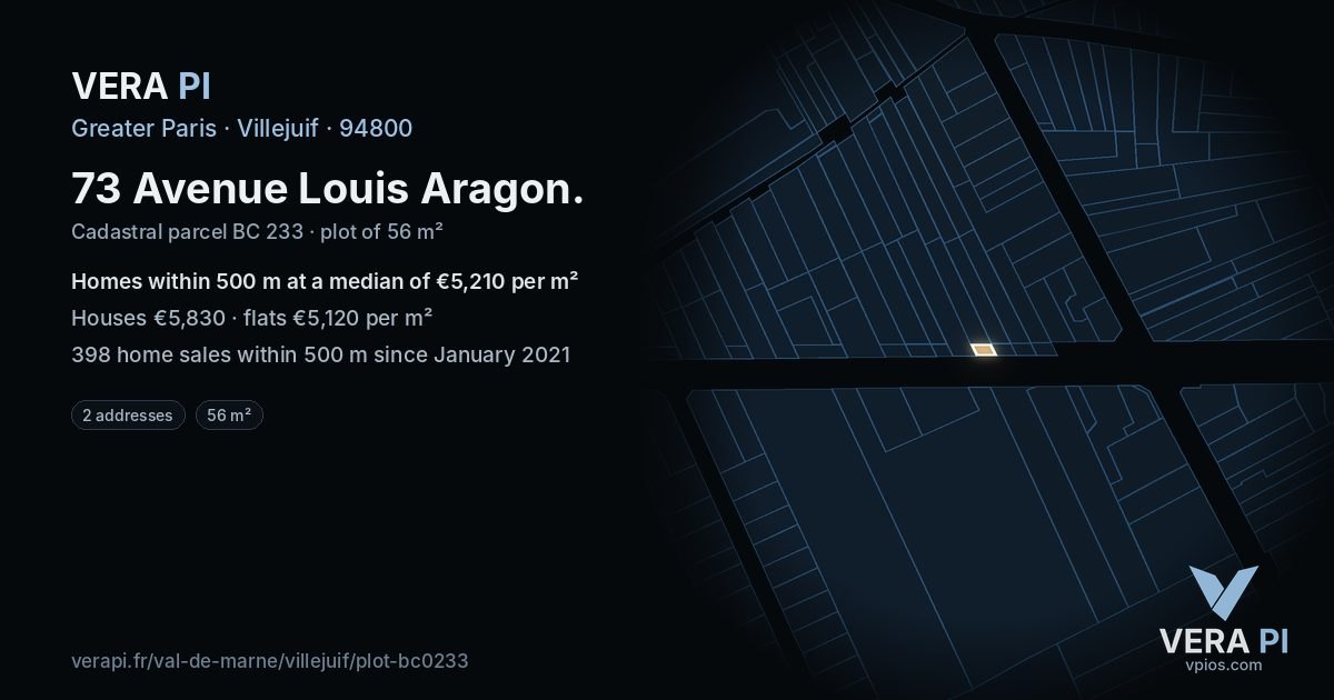 73 Avenue Louis Aragon, Villejuif at night – the plot lit, the parcels around coloured by the prices near them