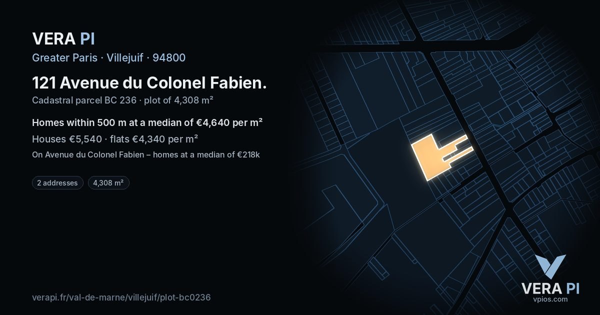121 Avenue du Colonel Fabien, Villejuif at night – the plot lit, the parcels around coloured by the prices near them