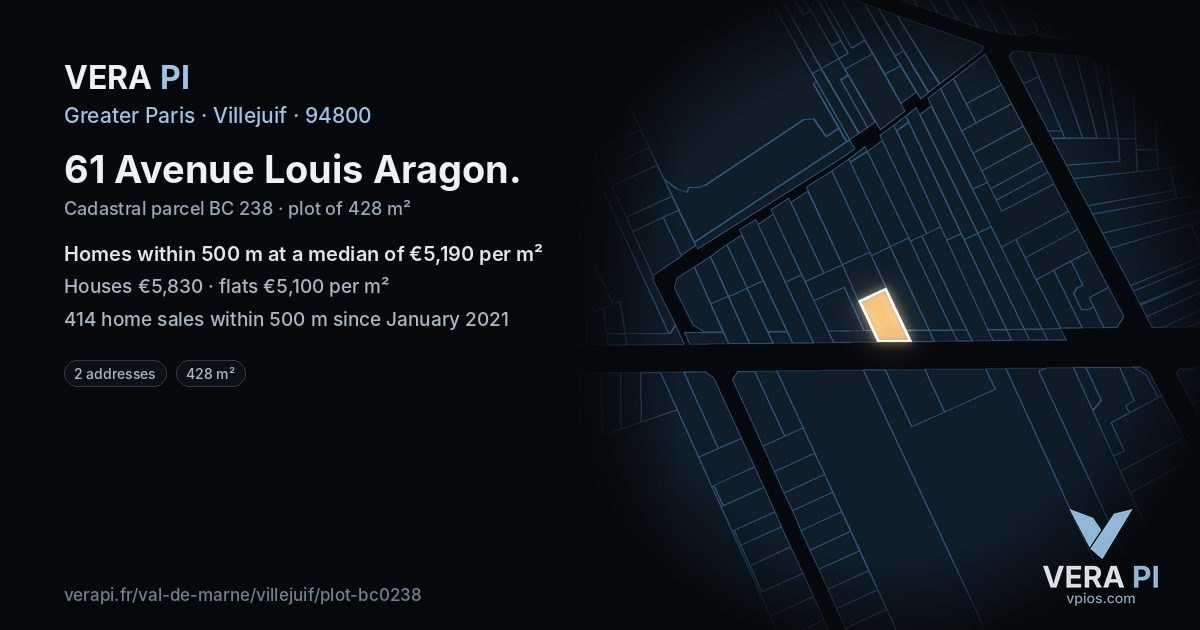 61 Avenue Louis Aragon, Villejuif at night – the plot lit, the parcels around coloured by the prices near them