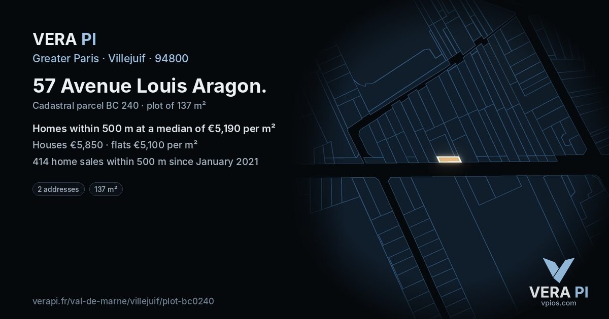 57 Avenue Louis Aragon, Villejuif at night – the plot lit, the parcels around coloured by the prices near them