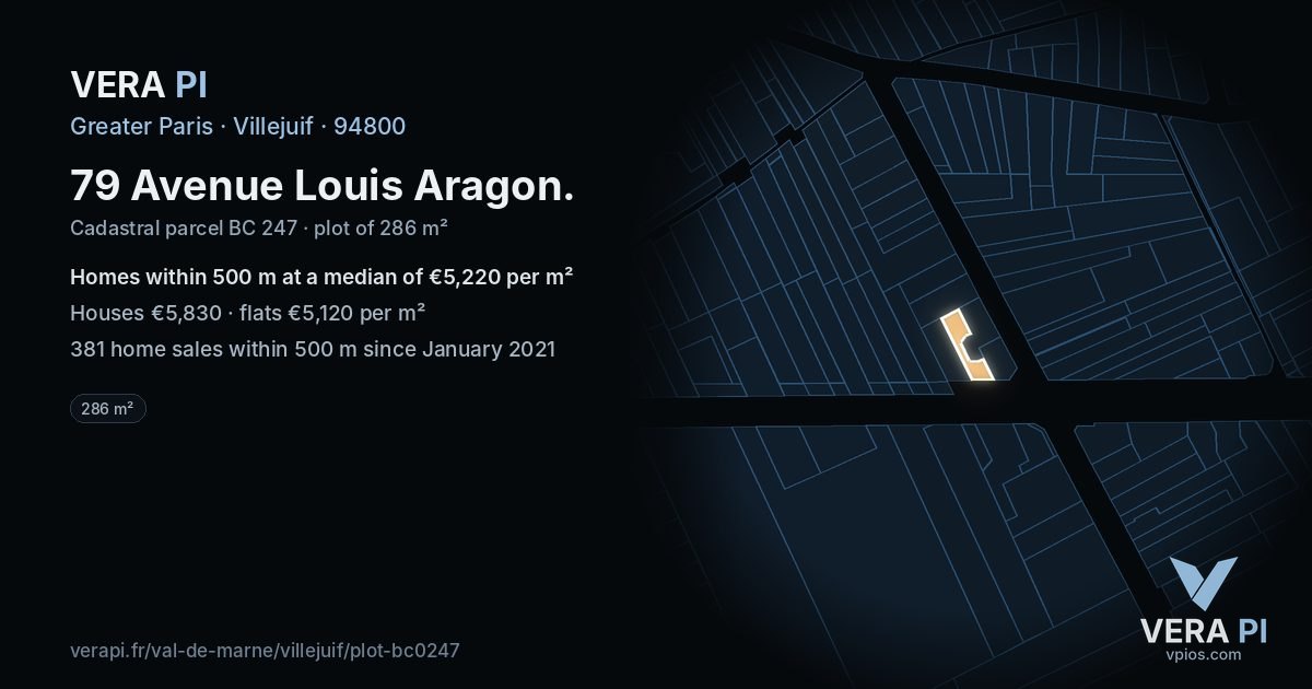 79 Avenue Louis Aragon, Villejuif at night – the plot lit, the parcels around coloured by the prices near them