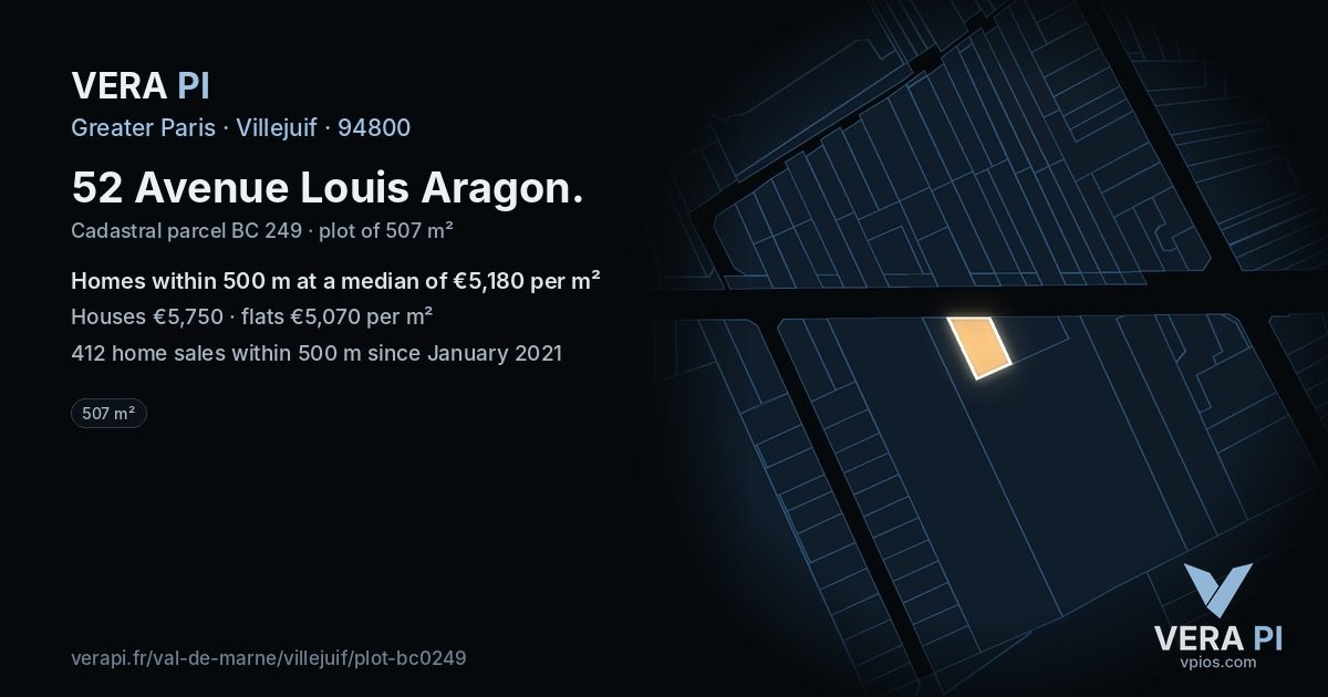 52 Avenue Louis Aragon, Villejuif at night – the plot lit, the parcels around coloured by the prices near them
